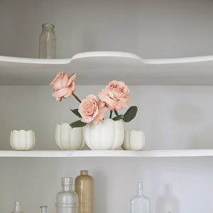 Flower Frog Vase on Shelf with pink roses displayed 
