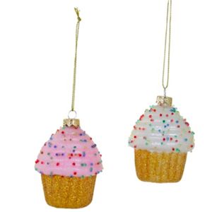 Tiny glass cupcake ornaments with beaded frosting