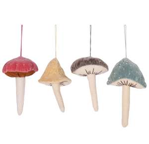 4 colorful mushroom ornaments with beads and stitching details