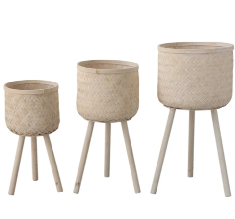 White Washed Woven Bamboo Basket Stands