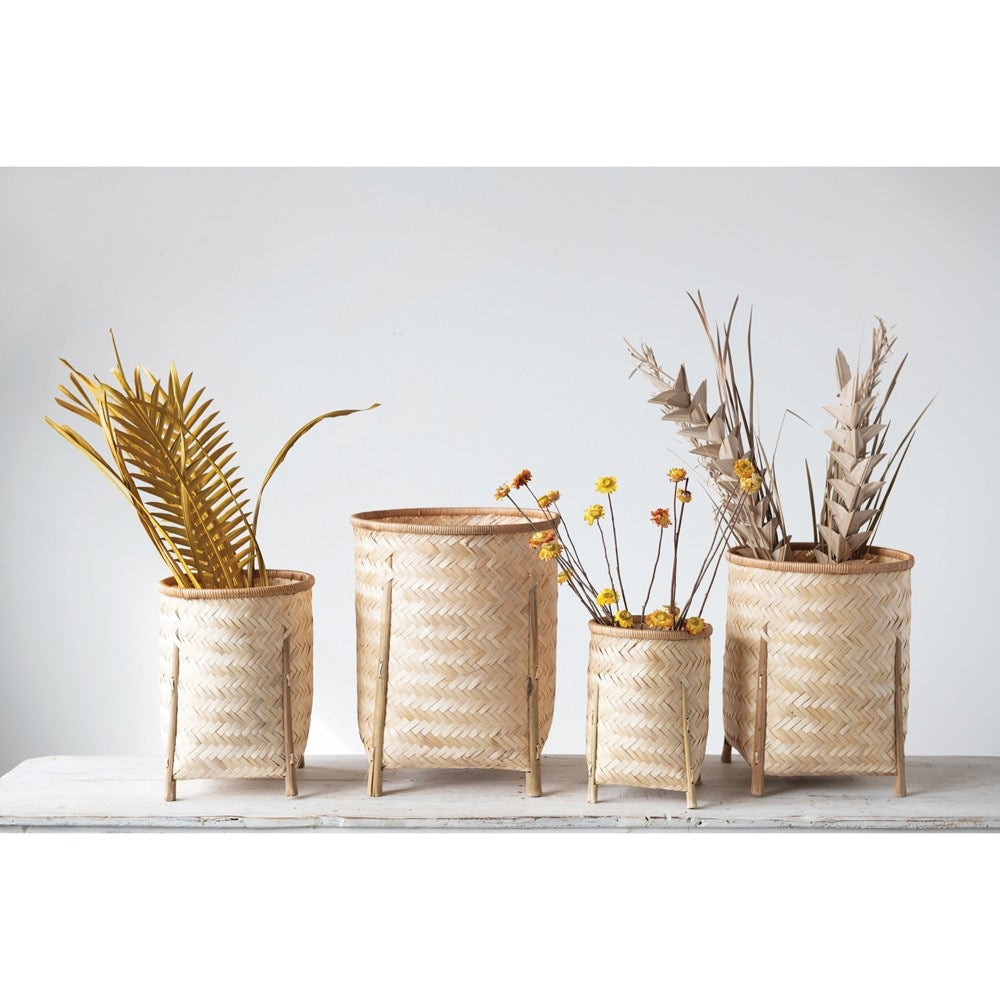 4 bamboo baskets with legs storing + displaying dry florals 