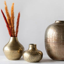 Load image into Gallery viewer, Assorted Hammered Brass Vases with dried orange brush
