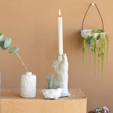 Load image into Gallery viewer, White Debossed Stoneware Vase on side table with taper holder and hanging plant

