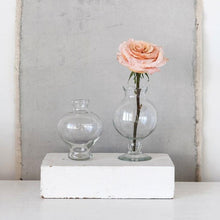Load image into Gallery viewer, Olivia Footed Glass Vase next to taller version with rose stem

