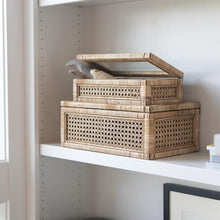 Load image into Gallery viewer, Rattan Display Box with Glass Lid on white shelf

