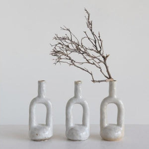 White Stoneware Cutout Vase in line of three with branch