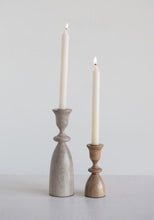 Load image into Gallery viewer, Round Wooden Taper Holders in short and tall with white taper candles
