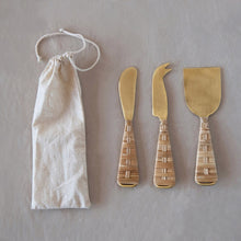Load image into Gallery viewer, Rattan &amp; Gold Steel Cheese Knives Set
