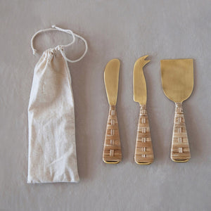 Rattan & Gold Steel Cheese Knives Set