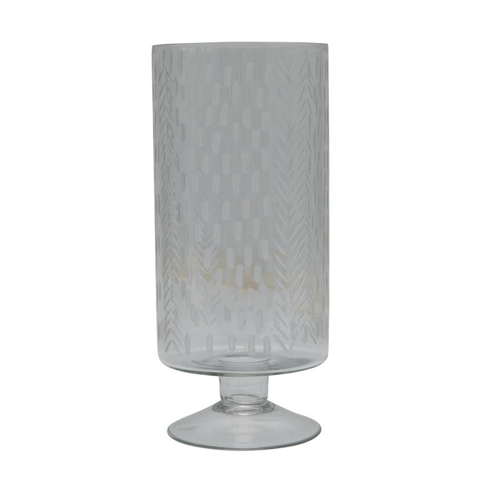 Glass Footed Hurricane with Etched Pattern