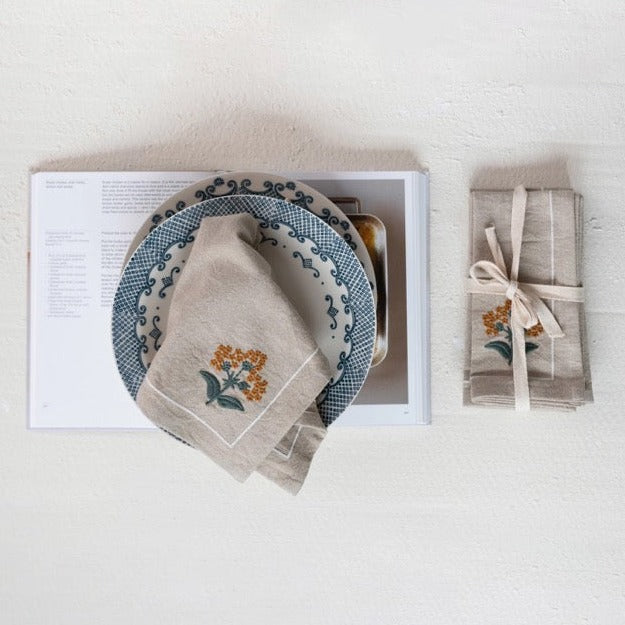 Rustic Kitchen Napkins Set w/ Floral Embroidery