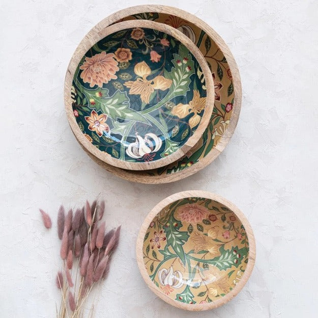 Floral Enameled Wood Bowls