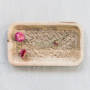 Hand Carved Mango Wood Tray with pink flowers