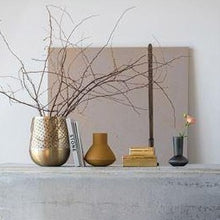 Load image into Gallery viewer, Textured Metal Vase in Mustard on mantle 
