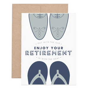 Out With The Old Retirement Card with illustration of loafers and flip flops