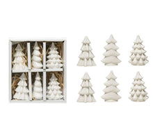 Load image into Gallery viewer, These adorable White stoneware trees come in an assorted boxed set of 6 to decorate anywhere for the holiday!
