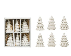 These adorable White stoneware trees come in an assorted boxed set of 6 to decorate anywhere for the holiday!