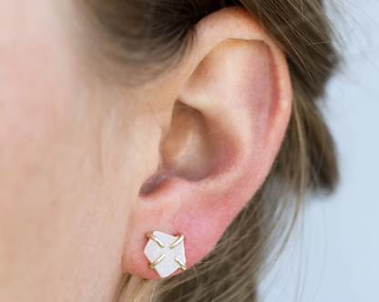 White Druzy Earring Studs on Woman